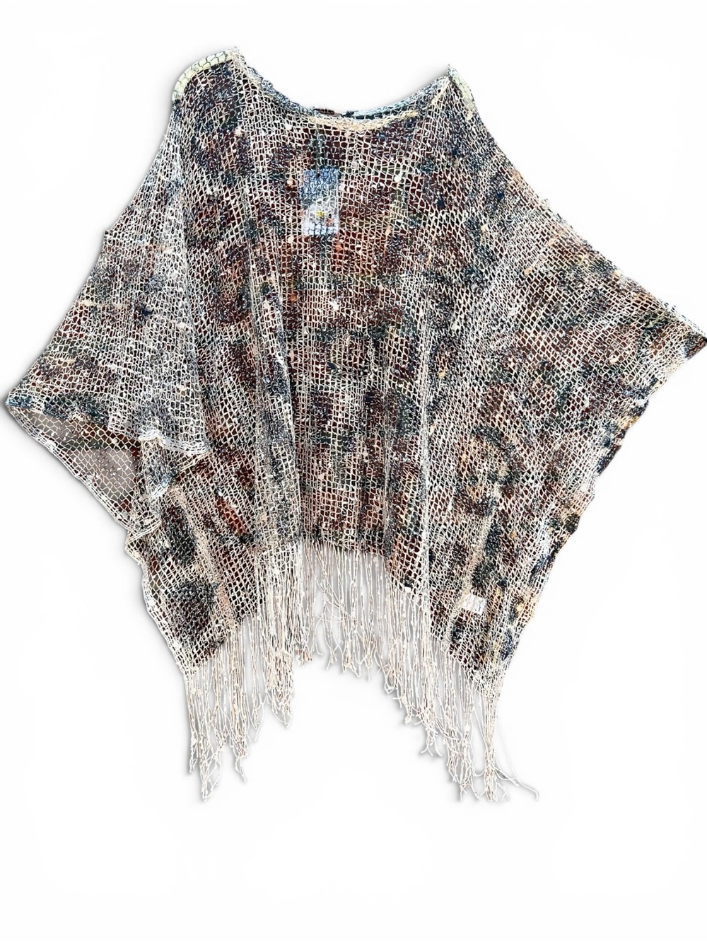 Lightweight Multicolor Open-Knit Fringe Poncho Wrap NWOT